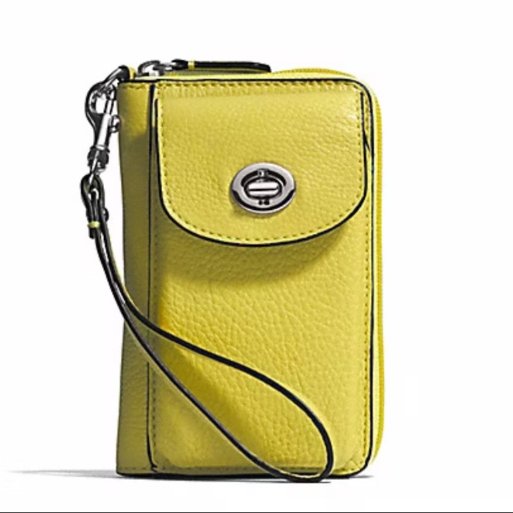 COACH CAMPBELL LEATHER UNIVERSAL ZIP WALLET F50070 SILVER/CHARTREUSE